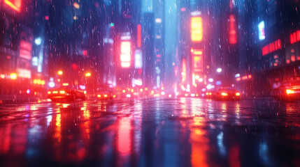 Rainy Night Cityscape Vibrant Neon Lights Urban Traffic Scene wet art red cars dark blue street     