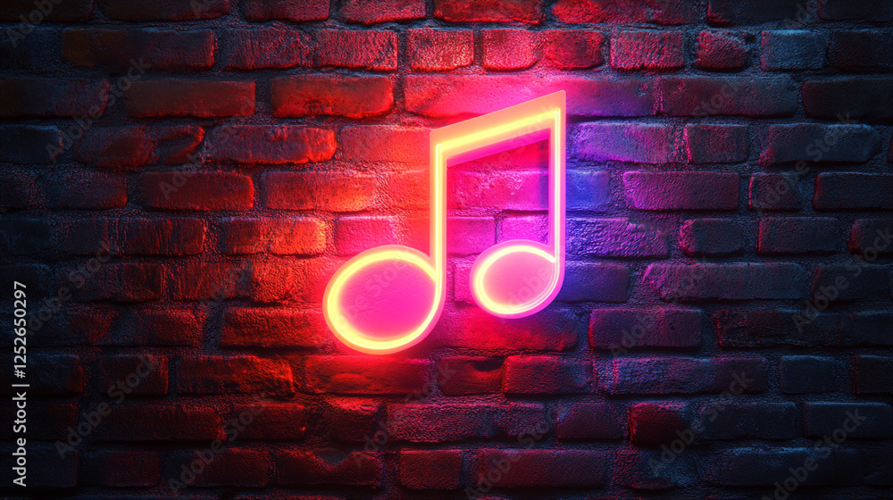 Poster Neon Music Note Glowing on Brick Wall Night Background Art Pink Sign Light Style Retro Image Purple 