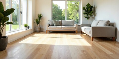 Naklejka premium Bright Sunlight Illuminates a Modern Living Room with Hardwood Flooring and Comfortable Couches, Featuring Lush Indoor Plants