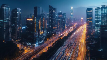 Aerial View Of Busy City Highway At Night