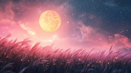 Fototapeta premium Full moon and Japanese pampas grass in midnight,The harvest Miscanthus sinensis and full moon,beautiful night sky in the countryside with the perfect moon exudes beauty in the dark.