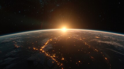 Obraz premium Earth sunrise from space, city lights, planets, universe, space exploration, astronomical background, showcasing our planet, a breathtaking view