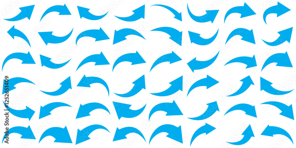 Poster blue arrows set. curved arrows. arrow sign. flat style icons. set of blue curve arrow icon vectors. 