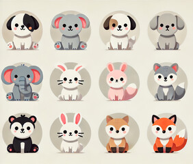 Fototapeta premium Adorable cartoon animal icons featuring dogs, rabbits, foxes, and elephants in a kawaii style