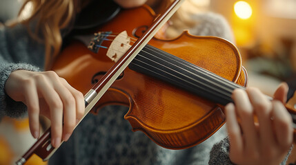 Fototapeta premium Closeup Violinist Hands Playing Musical Instrument Brown Polished Wood Bow Art Skill Sound Image 