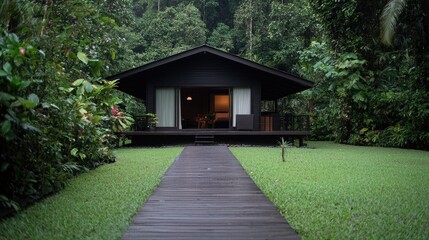 Dark cabin in lush tropical forest