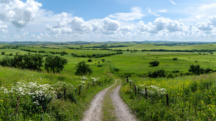 Country road descends into green valley under blue sky