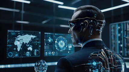 Digital transformation and artificial intelligence, businessman using futuristic AI-powered analytics for business strategy and decision-making in corporate growth.
