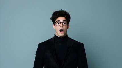 Obraz premium Surprised Young Man in Black Jacket and Glasses