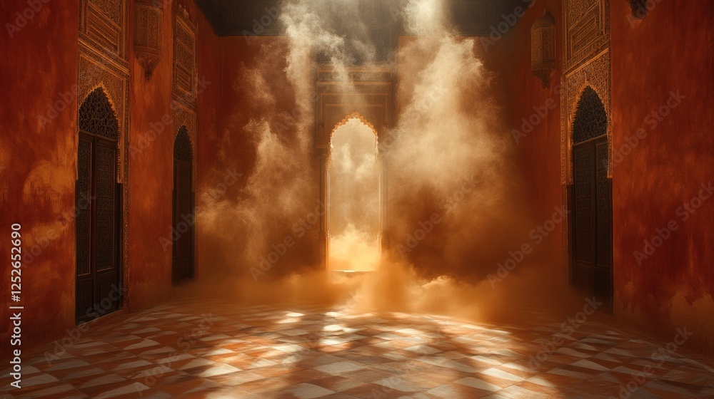 Poster intense dust cloud rising the floor creating a sandstorm effect that contrasts with elegant geometri