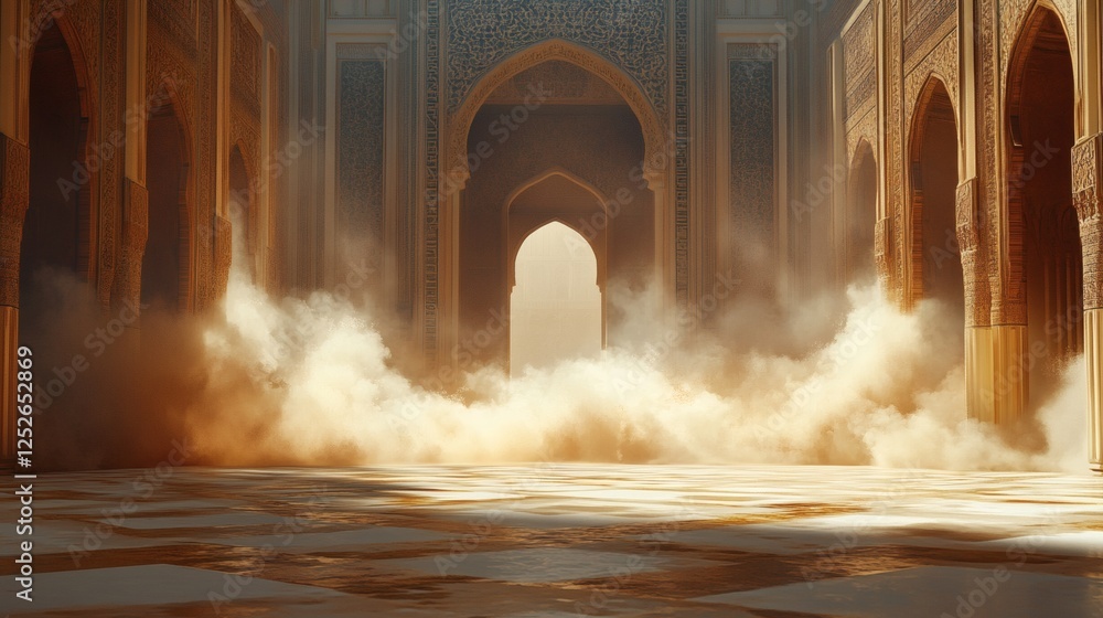 Poster intense dust cloud rising the floor creating a sandstorm effect that contrasts with elegant geometri