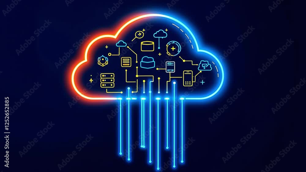 Poster vibrant neon cloud computing illustration showcasing data connections and digital technology element