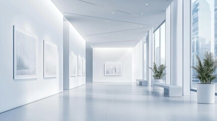 Fototapeta premium A contemporary art gallery with white walls and geometric lighting.