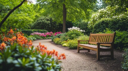 Obraz premium Beautiful garden pathway with a wooden bench surrounded by colorful flowers and lush greenery in springtime