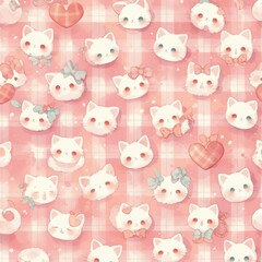 Cute Cat Pattern Design with Hearts and Bows on Soft Pink Background