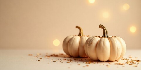 Two creamy white pumpkins adorned with golden accents rest on a soft beige surface, illuminated by a warm, gentle glow.