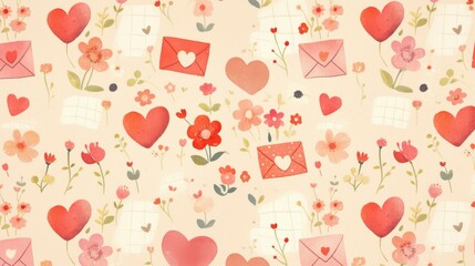 Romantic Floral Pattern with Hearts and Envelopes for Background Use
