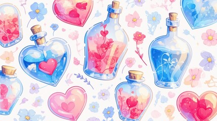 Colorful Glass Bottles with Hearts and Flowers on a White Background