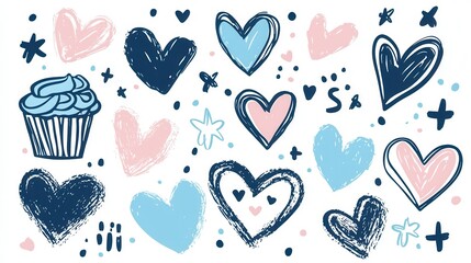 Hand Drawn Hearts And Cupcakes Pattern Design