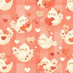 Cute Pattern of Birds and Hearts in Pastel Colors for Background