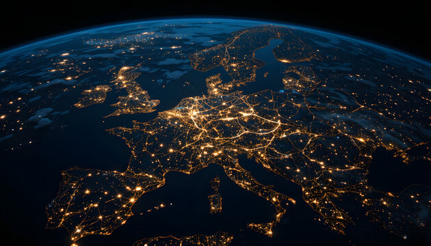 Europe at night seen from space, glowing with city lights and urban networks