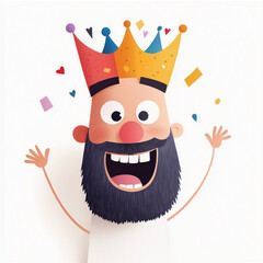 Cartoon king with a golden crown and a fluffy beard, featuring a cheerful and playful expression. A colorful, animated character with a fantasy-inspired, humorous, and noble design, perfect for fun il