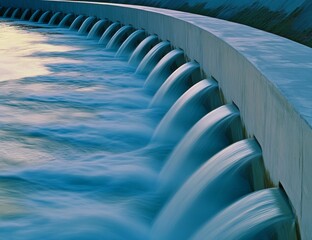 Fototapeta premium Row of concrete dam walls with flowing water, surrounded by nature and hills