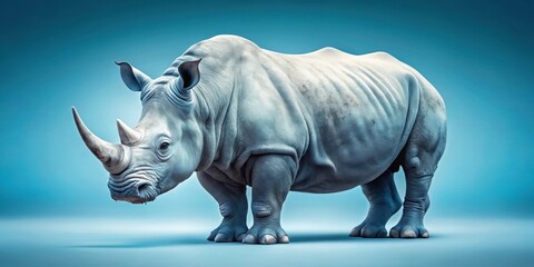 Fototapeta premium A majestic rhinoceros, powerfully built and standing firm, against a serene blue backdrop. Its thick hide and formidable horn showcase the raw strength and beauty of this magnificent creature.