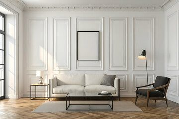 Elegant Modern Living Room With White Walls And Beige Sofa