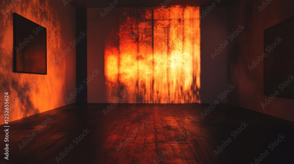 Poster fiery projection in an empty gallery space: an artistic installation of light and shadow