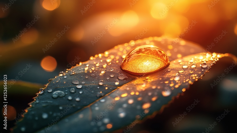 Poster macro shot of single big water droplet on a leaf catching the golden rays of the sun surrounded by a