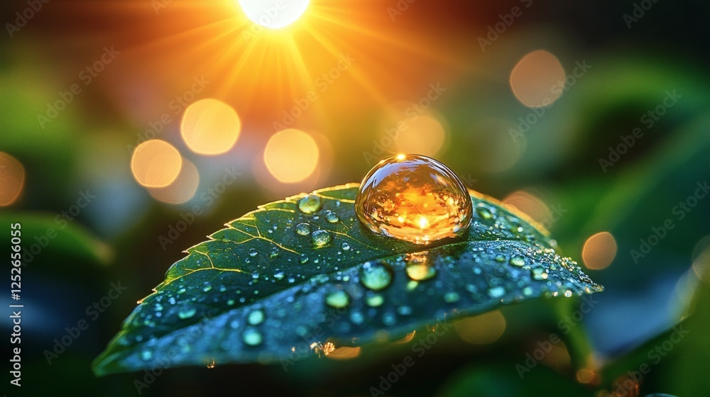 Poster macro shot of single big water droplet on a leaf catching the golden rays of the sun surrounded by a