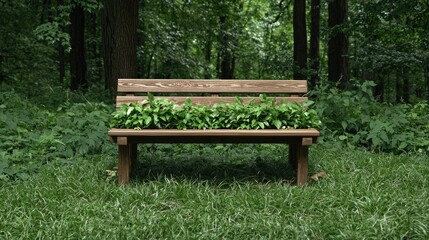 Fototapeta premium Wooden park bench with greenery, forest background, relaxing scene, outdoor seating