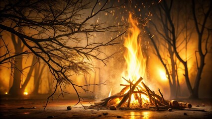 A Fiery Bonfire Glows Brightly in the Heart of a Dark and Misty Forest at Night
