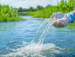 Hand in Glove Taking Water Sample from Stream