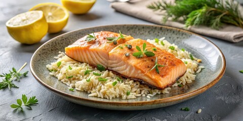 Delicious Pan-Seared Salmon Fillets Served on a Bed of Fragrant Rice with Fresh Herbs