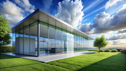 Obraz premium Modern Glass Pavilion Home with Expansive Lawn and Stunning Sky