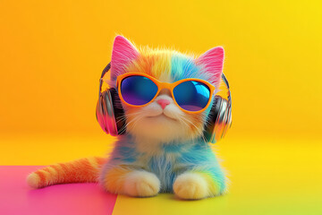 Colorful cat wearing sunglasses and headphones, sitting against a vibrant gradient background
