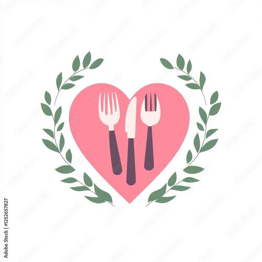 Poster heart-shaped logo with fork and knife, design element, possible use in menu