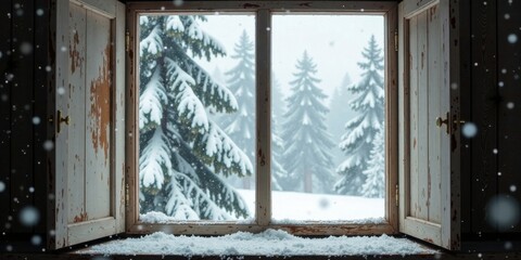 A winter wonderland scene viewed through a rustic, snow-covered window pane, showcasing a serene snowy forest landscape beyond