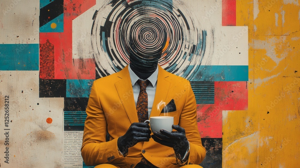 Poster modern collage of man in a bright yellow suit holding a coffee cup with a spiral replacing his face 
