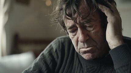 Middle-aged man sitting alone in a quiet room, holding his head with one hand, looking stressed and concerned. Emotional state of solitude and introspection.