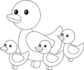 Adorable Mother Duck and Three Cute Ducklings Line Drawing