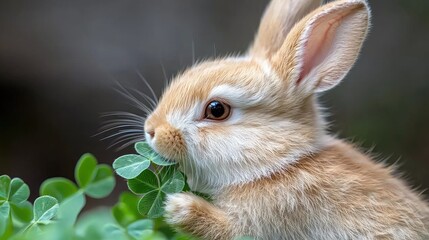 Obraz premium Cute baby bunny eating clover outdoors. Perfect for children's book illustrations