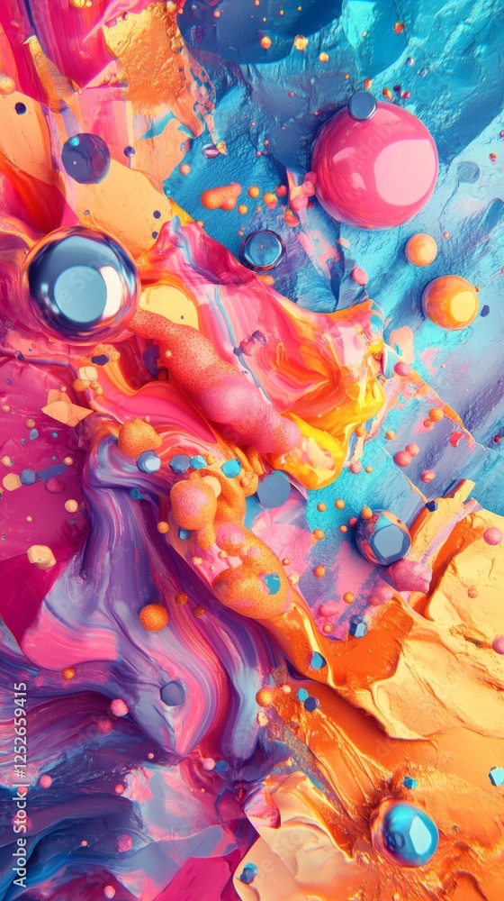 Poster molten stiff objects in a vivid abstract art design flowing liquid forms merge with geometric elemen