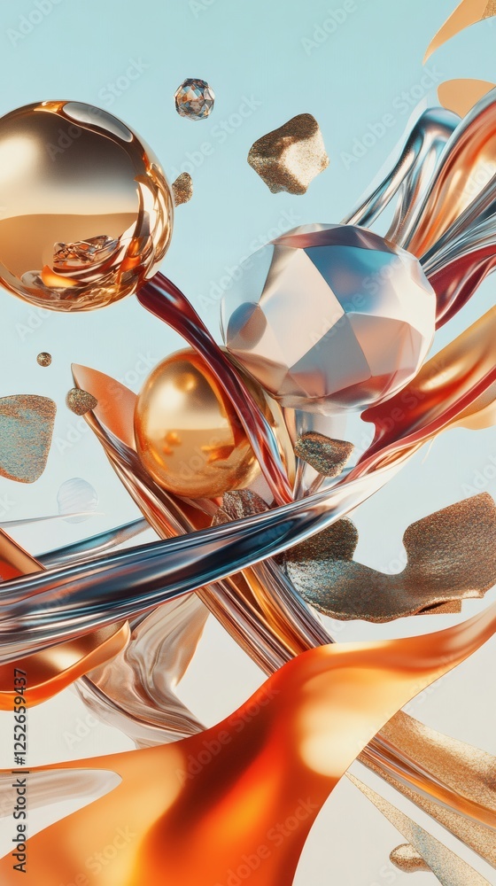 Poster molten objects stiff geometric forms swirl in a fluid abstract art design set against a 3d illustrat