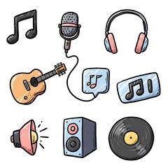 Music Icons Illustration Guitar, Headphones, Microphone, Vinyl