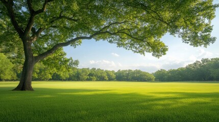 Obraz premium Majestic Oak Tree in Full Bloom Overlooking Lush Green Field