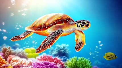 Fototapeta premium Colorful Sea Turtle in Coral Reef Underwater Scene