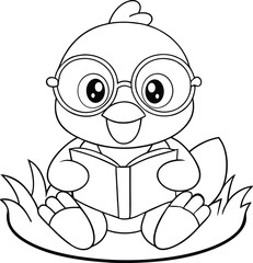 Adorable Chick Reading Book, Cute Cartoon, Black and White, Coloring Page
